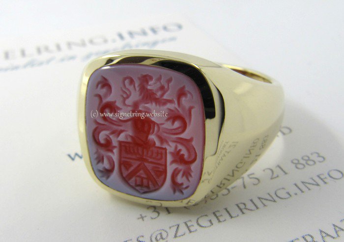 Mens signet ring with red layered agate
